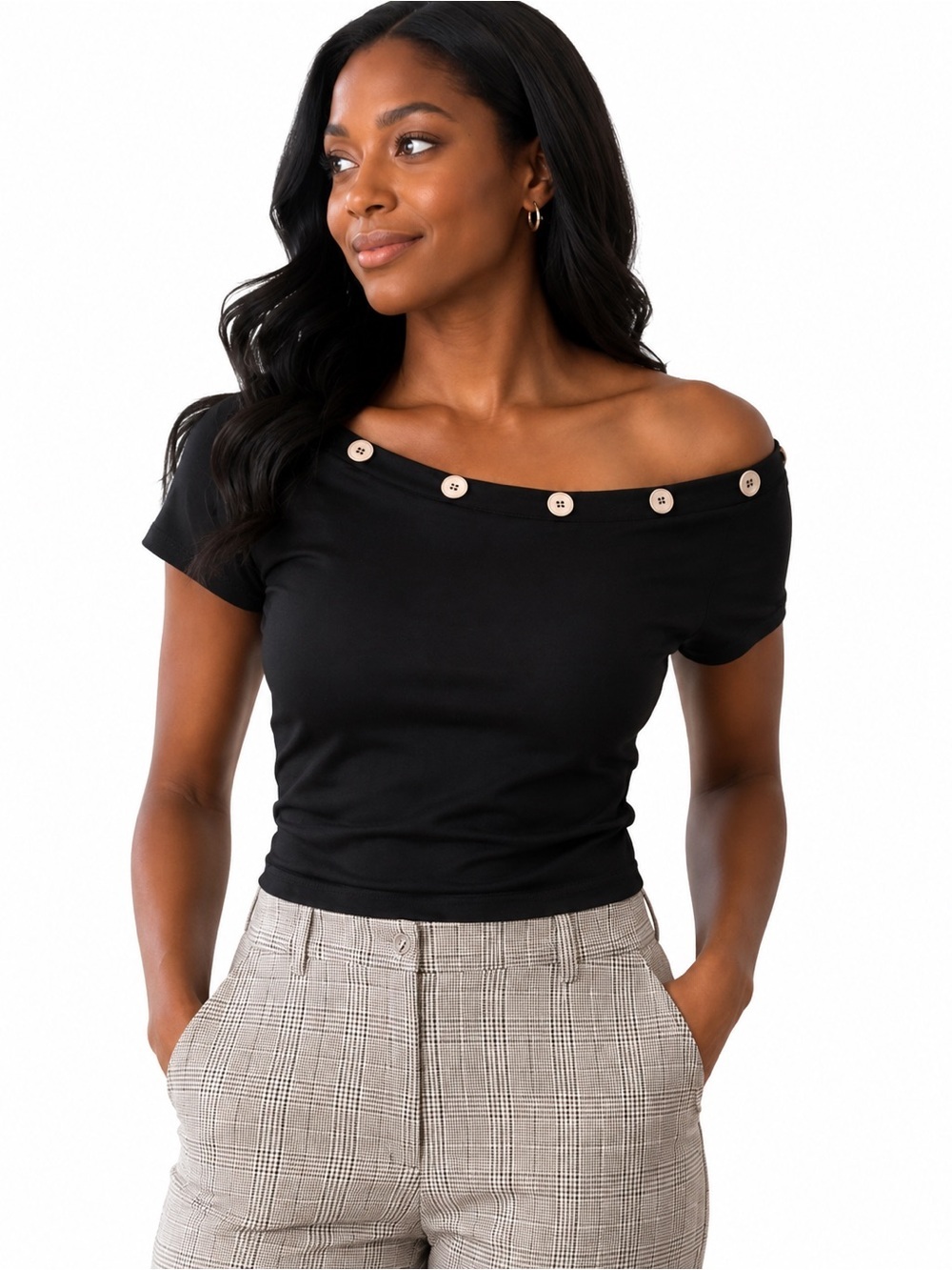 NWT Tiger Mist Marita Top Black Off Shoulder Button Detail Top